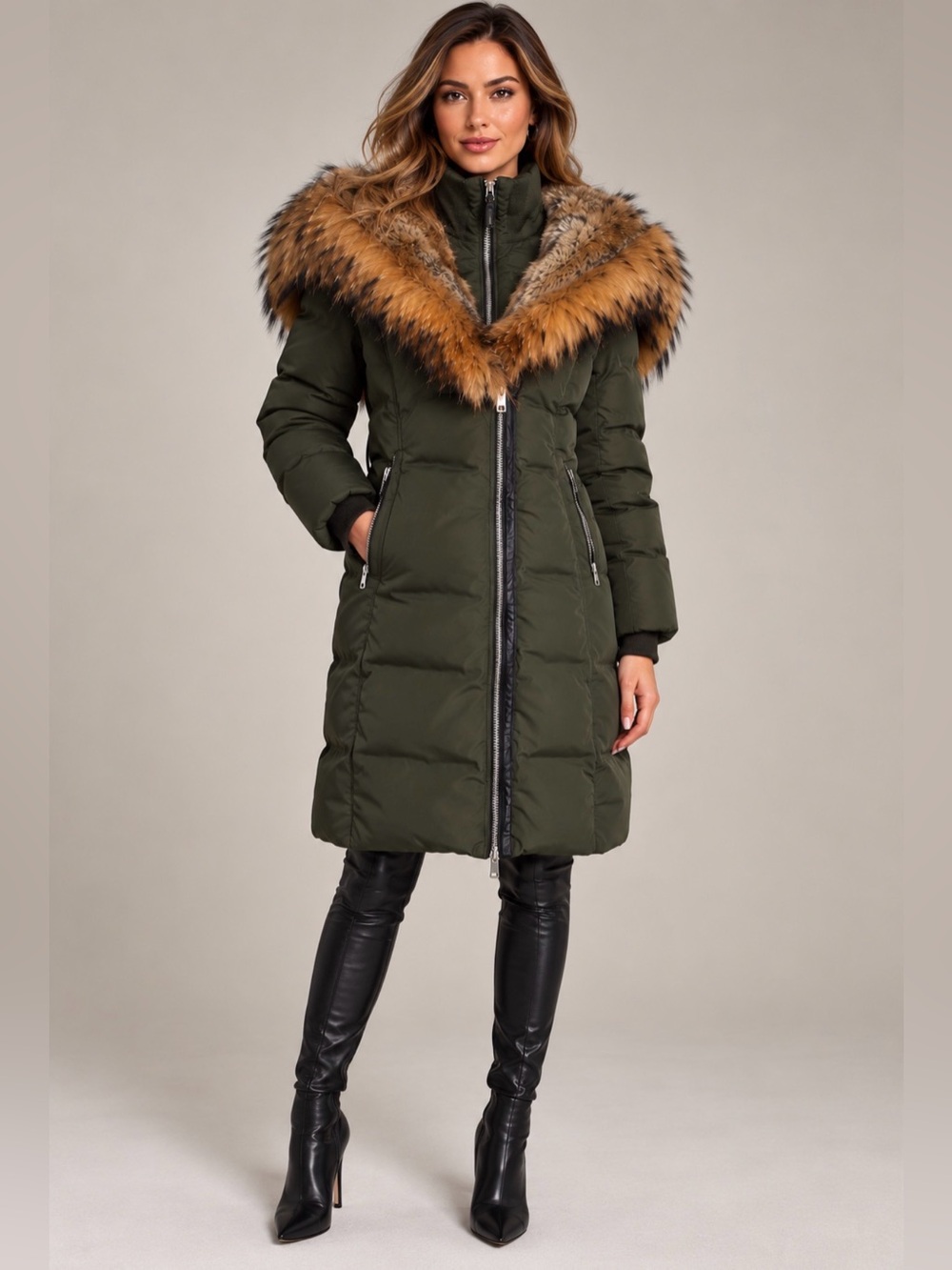 Mackage Olive Green Long Puffer Coat with raccoon Fur Trim